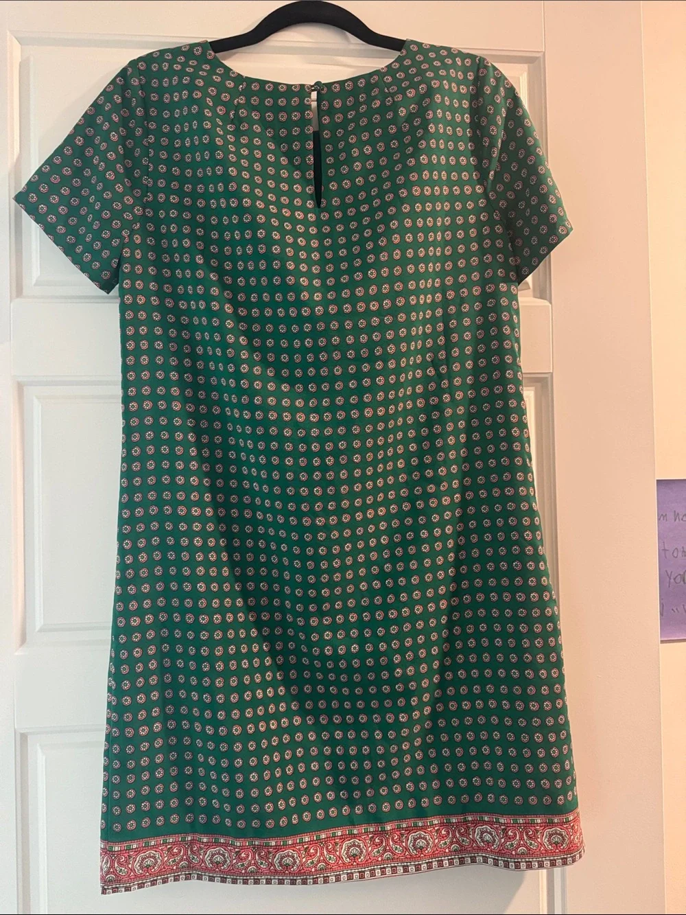 J. Crew Teal Green Printed Short Sleeve Shift Dress with Red Accent